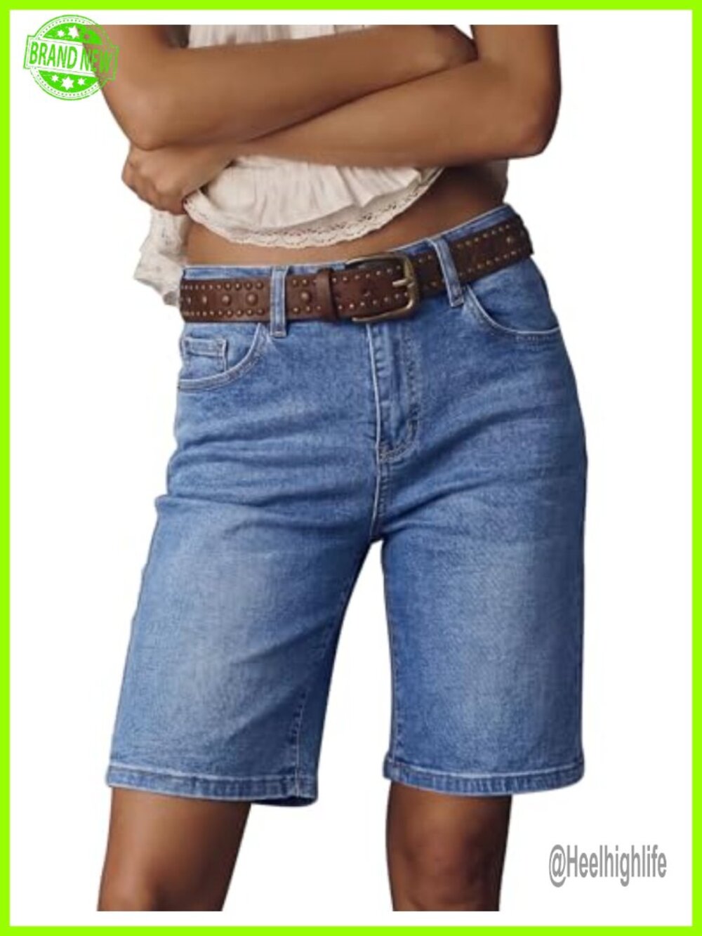High Waisted Bermuda Jean Shorts Stretchy Denim 10 Inseam Knee Length